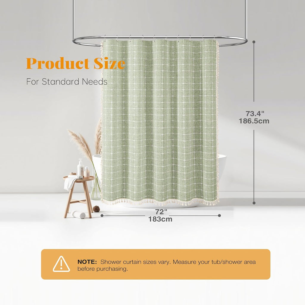 BTTN Sage Green Boho Farmhouse Linen Heavy Duty Shower Curtain Set, 72x72