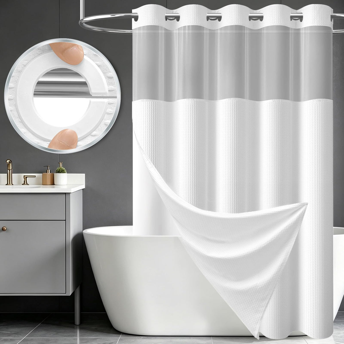 Dynamene Ringless Waffle Weave Fabric Shower Curtain Set, Black, 72"x75"