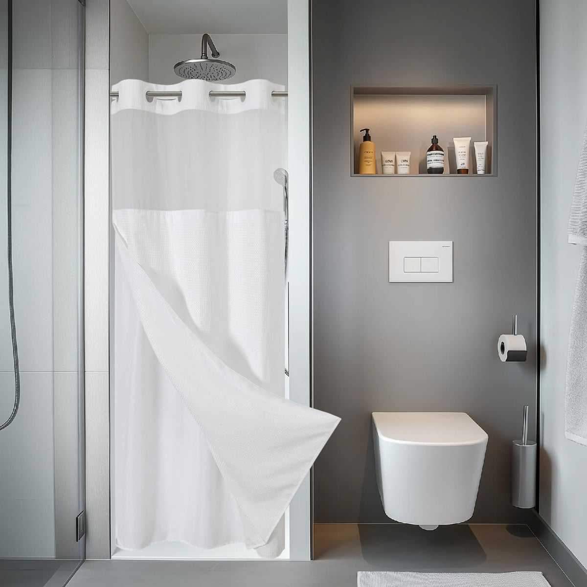 eachope No Hook Waffle Shower Curtain with Snap-in Liner, 71x74 Inch, White