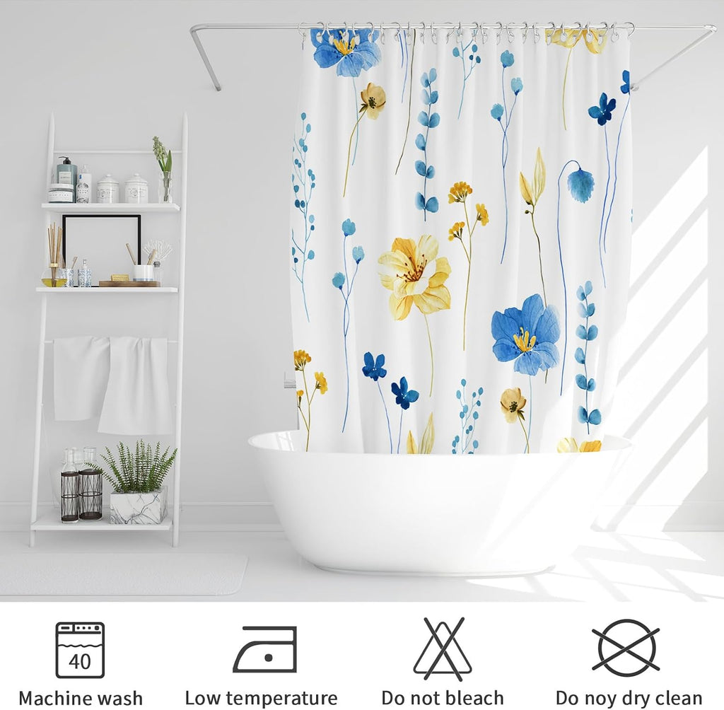 Gibelle Blue Yellow Watercolor Floral Fabric Shower Curtain, 72x72