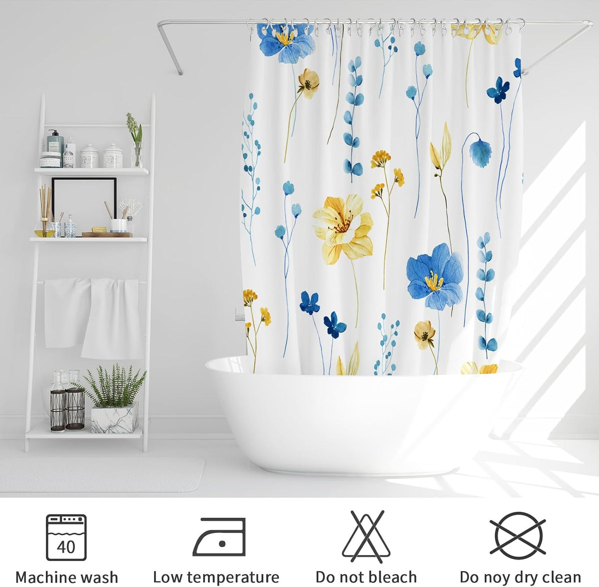 Gibelle Blue Yellow Watercolor Floral Fabric Shower Curtain, 72x72