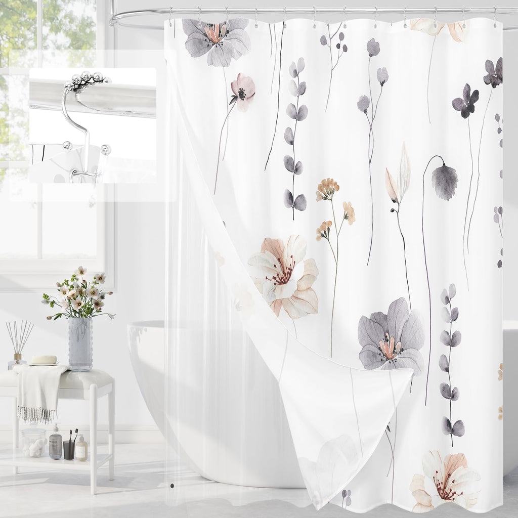 Gibelle 3 in 1 Sage Green Watercolor Floral Shower Curtain Liner Set, 72x72