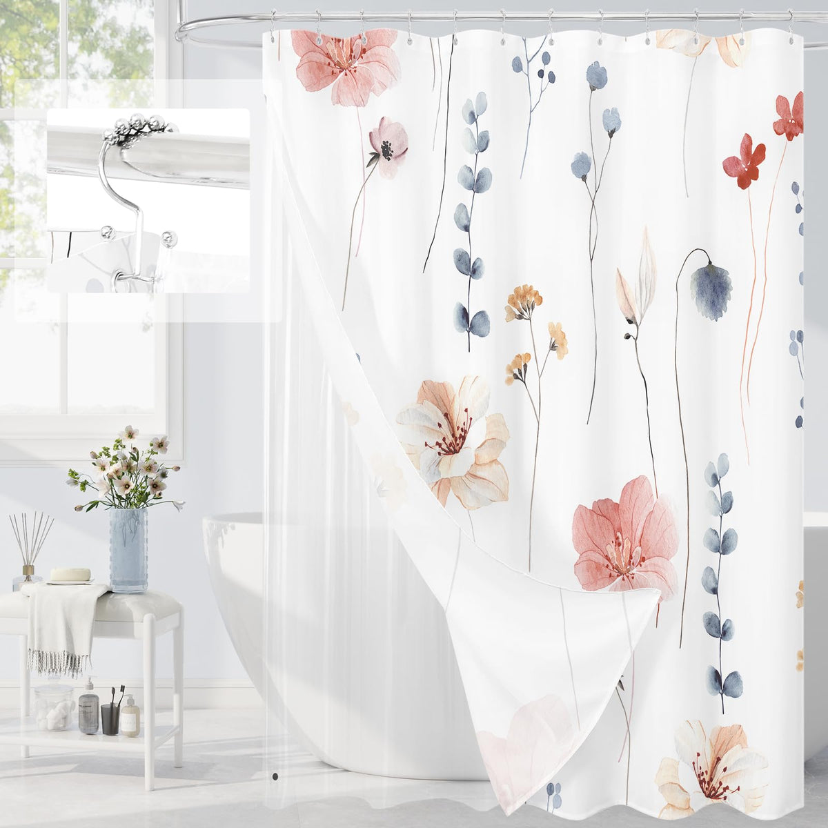 Gibelle 3 in 1 Sage Green Watercolor Floral Shower Curtain Liner Set, 72x72