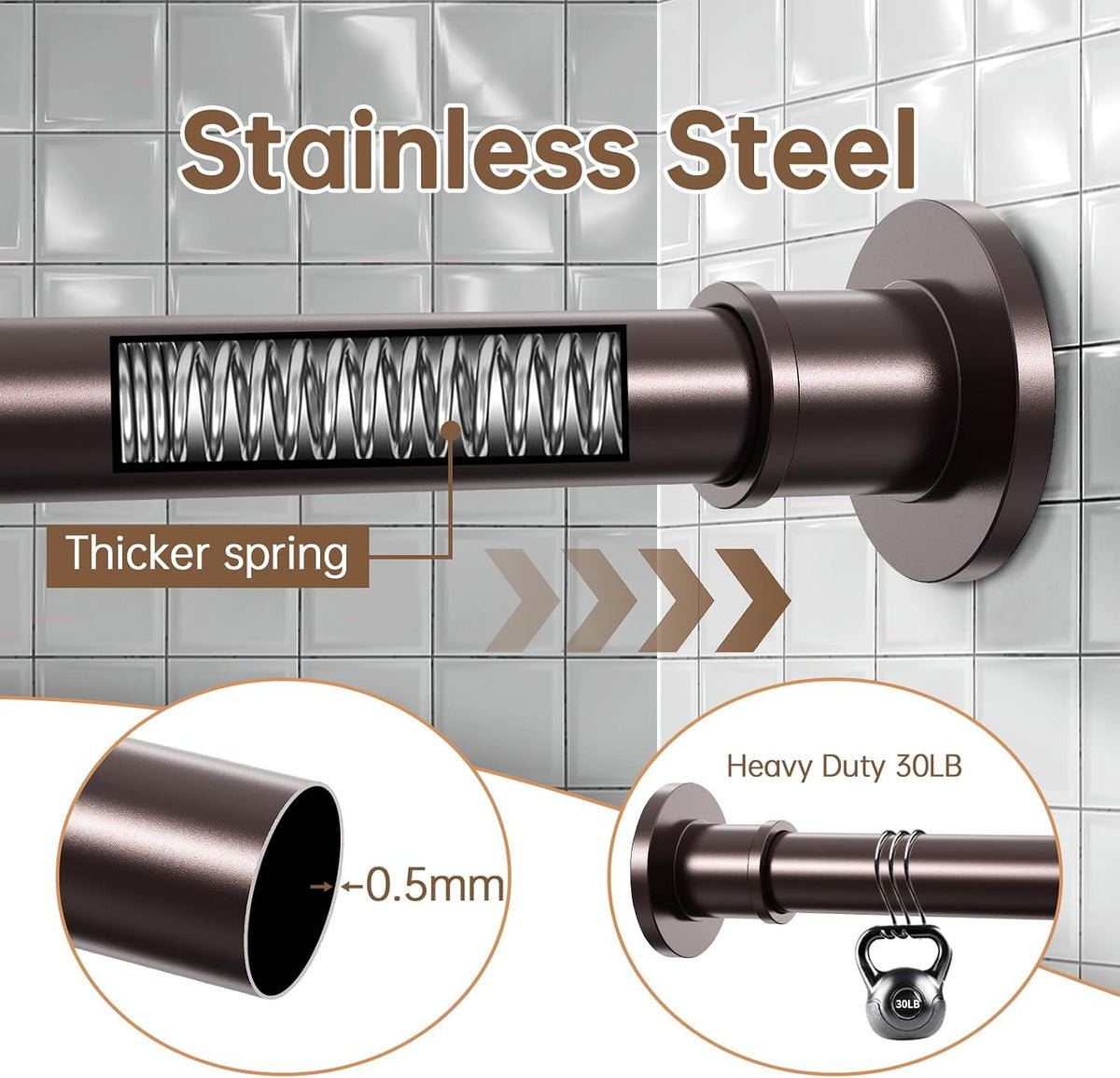 BRIOFOX Shower Curtain Rod Adjustable 18-78 Inch, No Drilling Non Slip Stainless Steel Spring Tension Curtain Rod for Window or Bathroom, Bronze