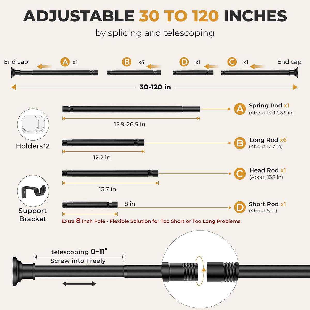 Black Long Curtain Rod Tension Shower Curtain Rods 30 to 120 inch