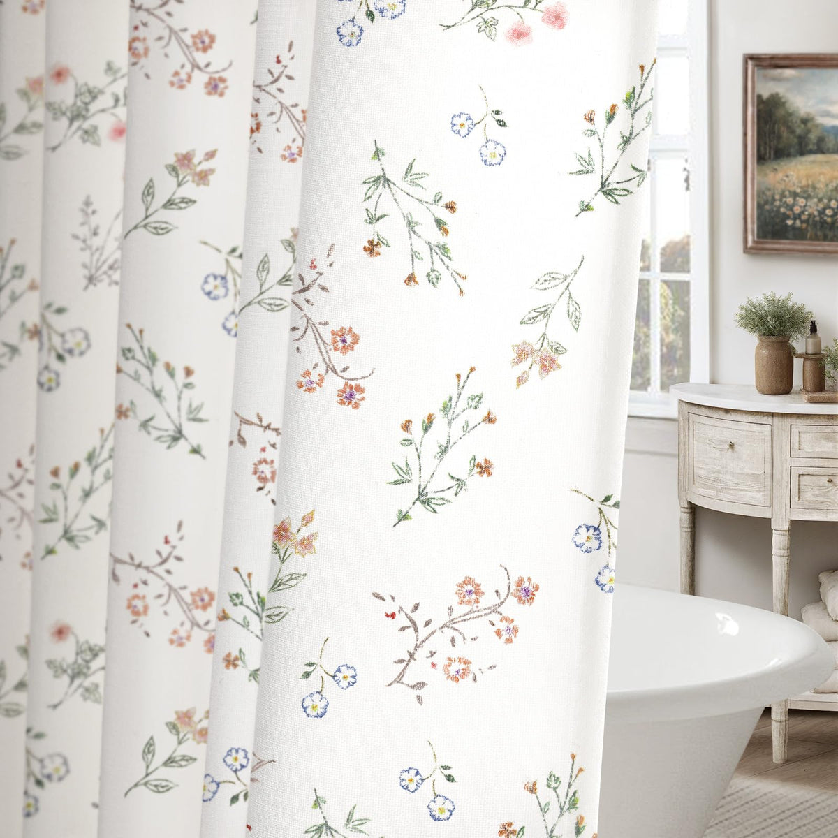 Floral Farmhouse Vintage Linen Shower Curtain French Country Decor 72Wx72H