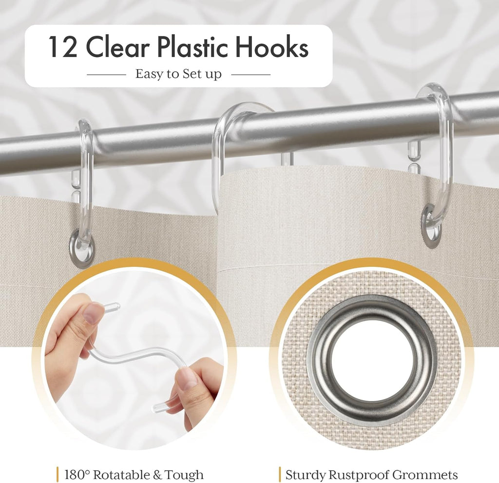 AmazerBath Boho Shower Curtain, Modern Farmhouse Shower Curtain Set with Tassels, Rustic Faux Linen Green Striped Shower Curtain with Hooks, Light Tan Toned, 72x72 Inches