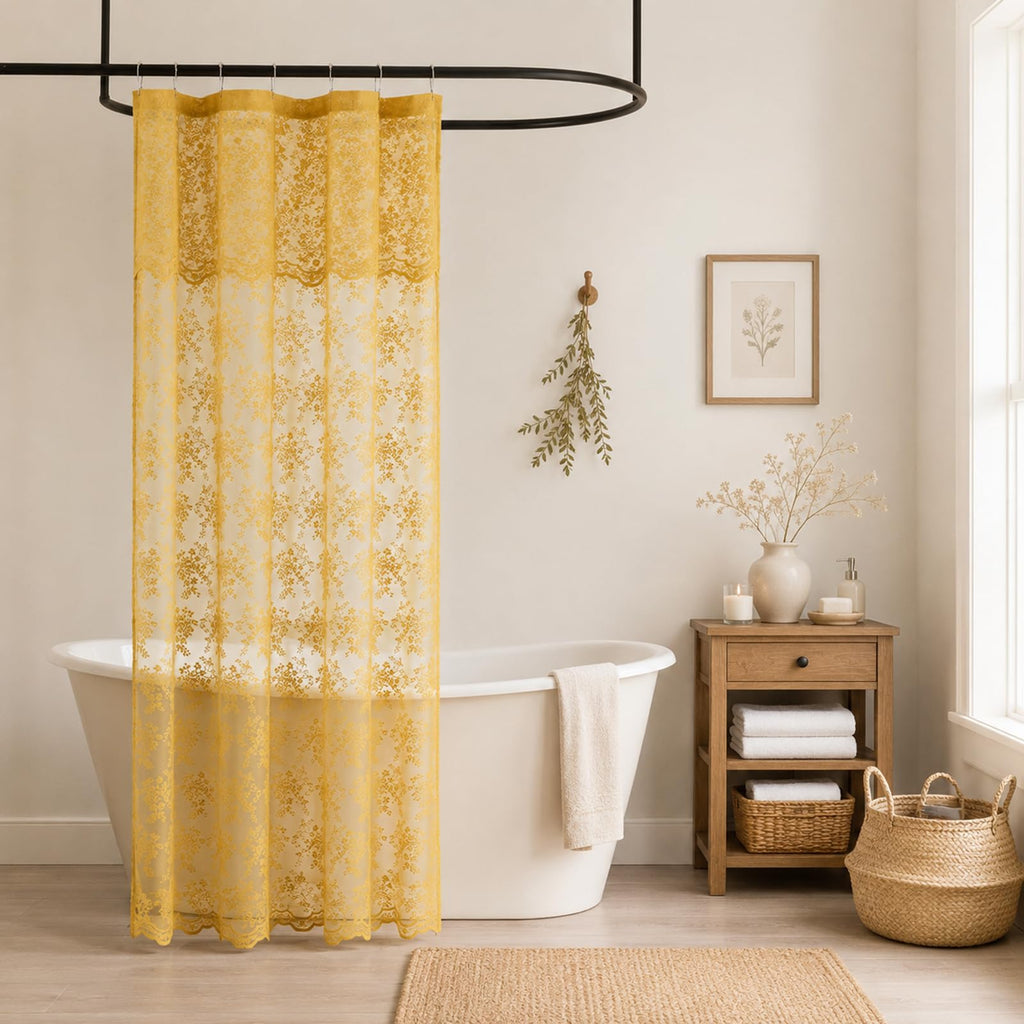 Ivory Lace Shower Curtain 72x72, Vintage Shabby Chic with Attached Valance