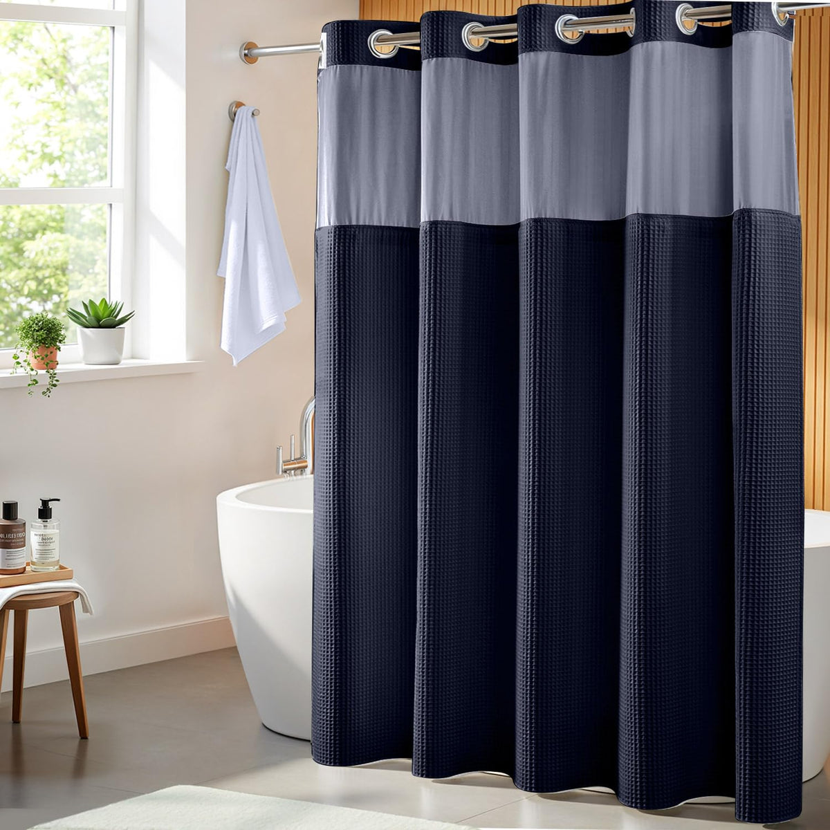 River Dream Cotton Blend Fabric Shower Curtain Set with Liner, White, 54x80