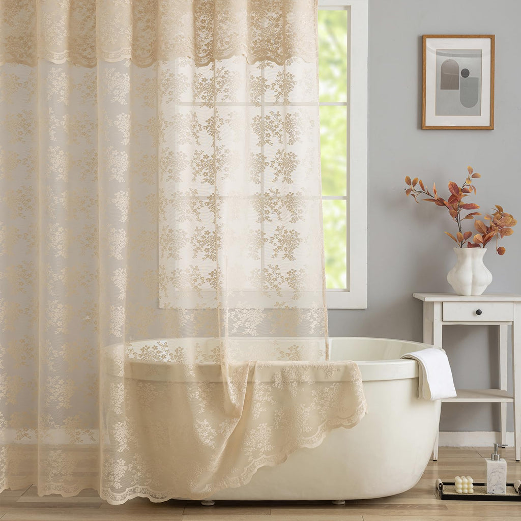 TUDECO Lace Brown Shower Curtain with Attached Valance, 72 x 72 Inch