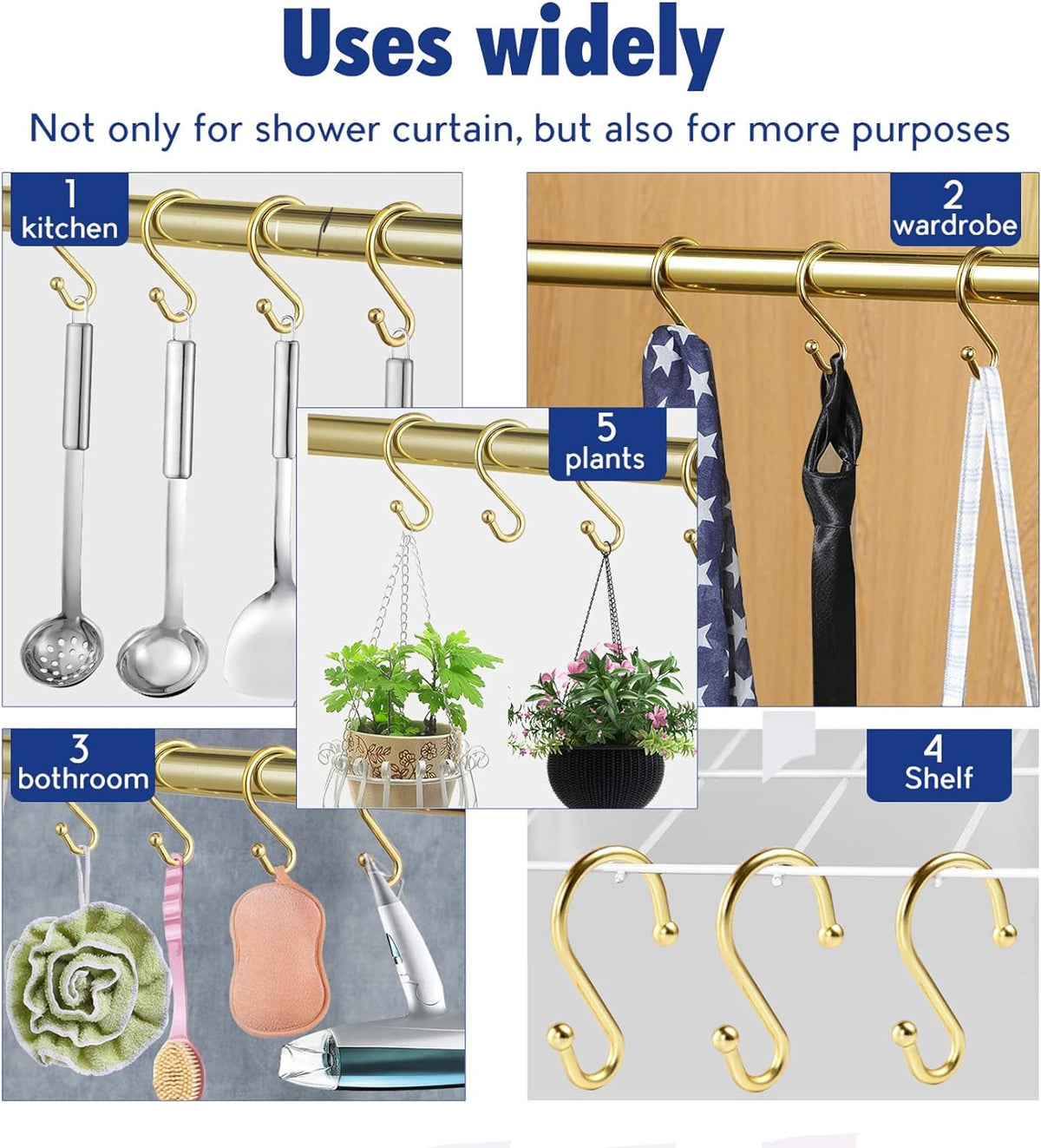 Metal Shower Curtain Hooks，Set of 12 Rings，Rust Resistant S Shaped Hooks Hangers for Shower Curtains, Kitchen Utensils, Clothing, Towels, etc. (Gold)
