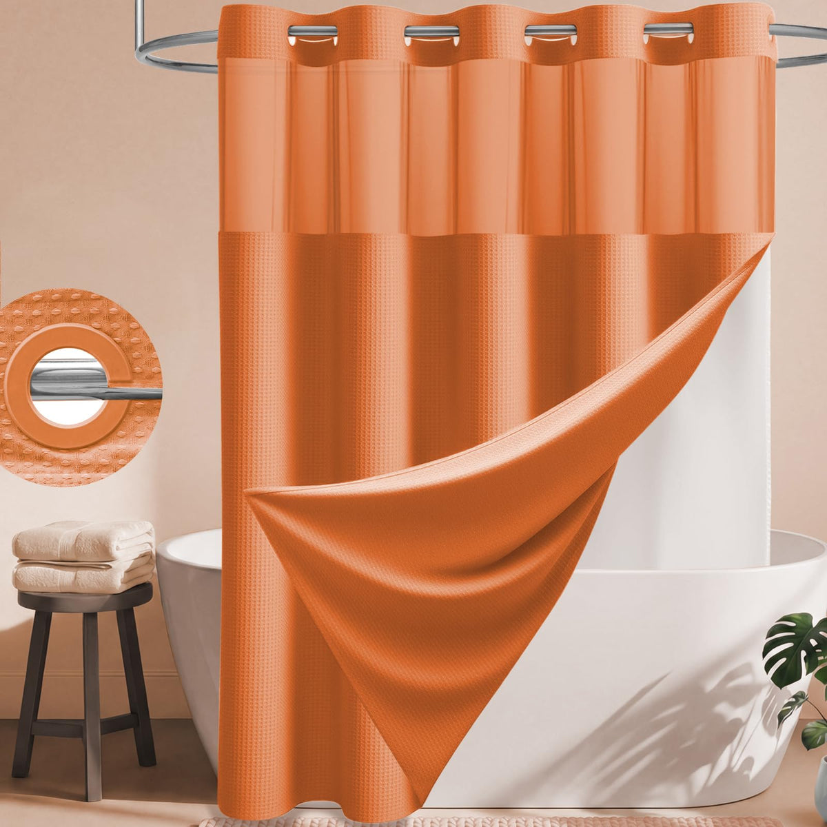 Dynamene Ringless Waffle Weave Fabric Shower Curtain Set, Black, 72"x75"