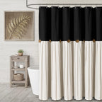 Farmhouse Shower Curtain Linen Beige Button Brown Stripe 72"W x 72"L