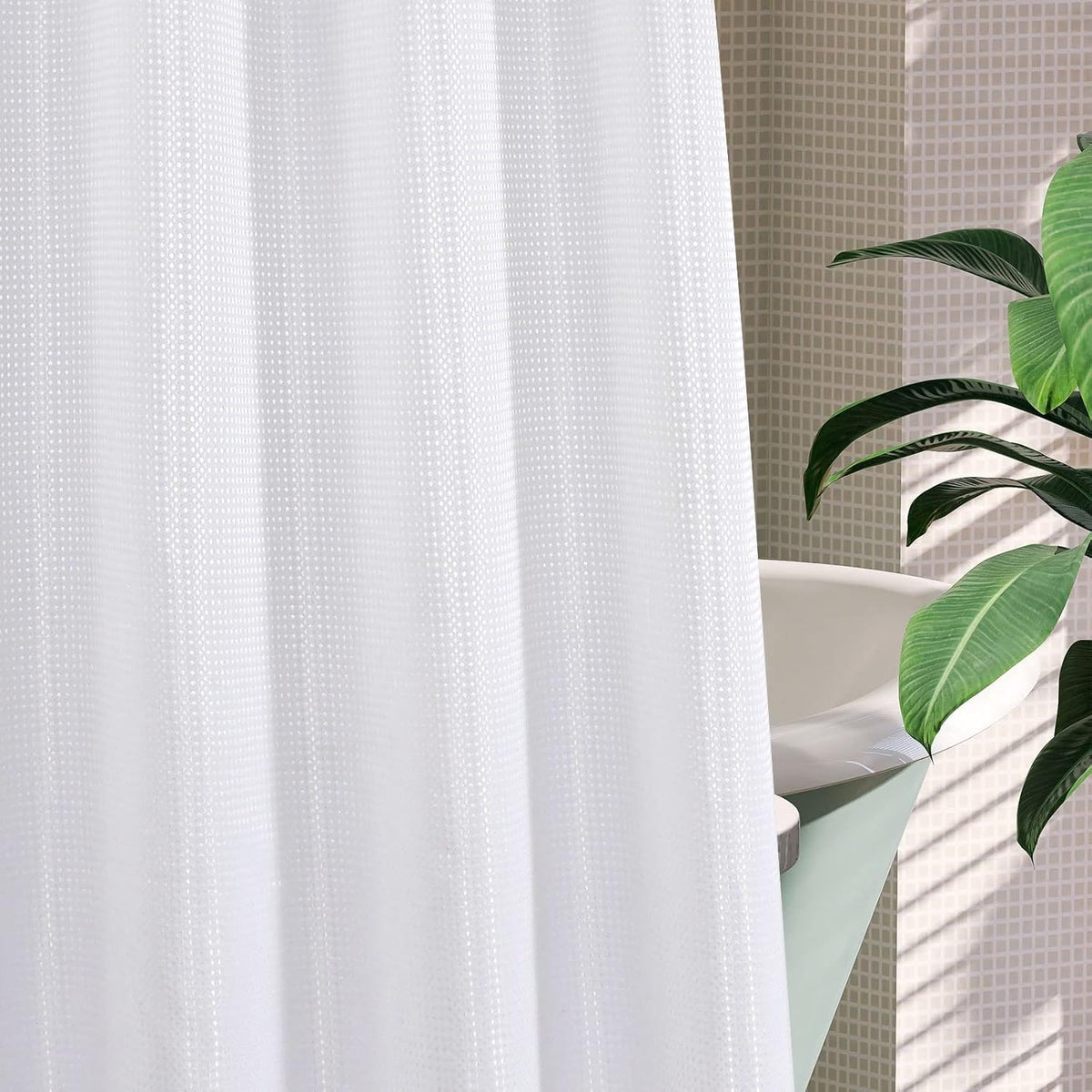 No Hook Weave Fabric Shower Curtain with Snap-in Liner White,72x74