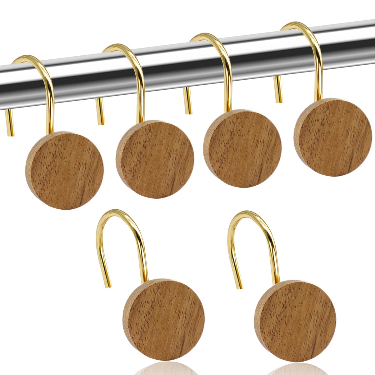Shower Curtain Hooks, Wood Decorative Shower Curtain Rings, Modern Round Log Shower Curtain Hangers, 12PCS Shower Hooks for Shower Curtain Rod, Bedroom, Living Room (Black)