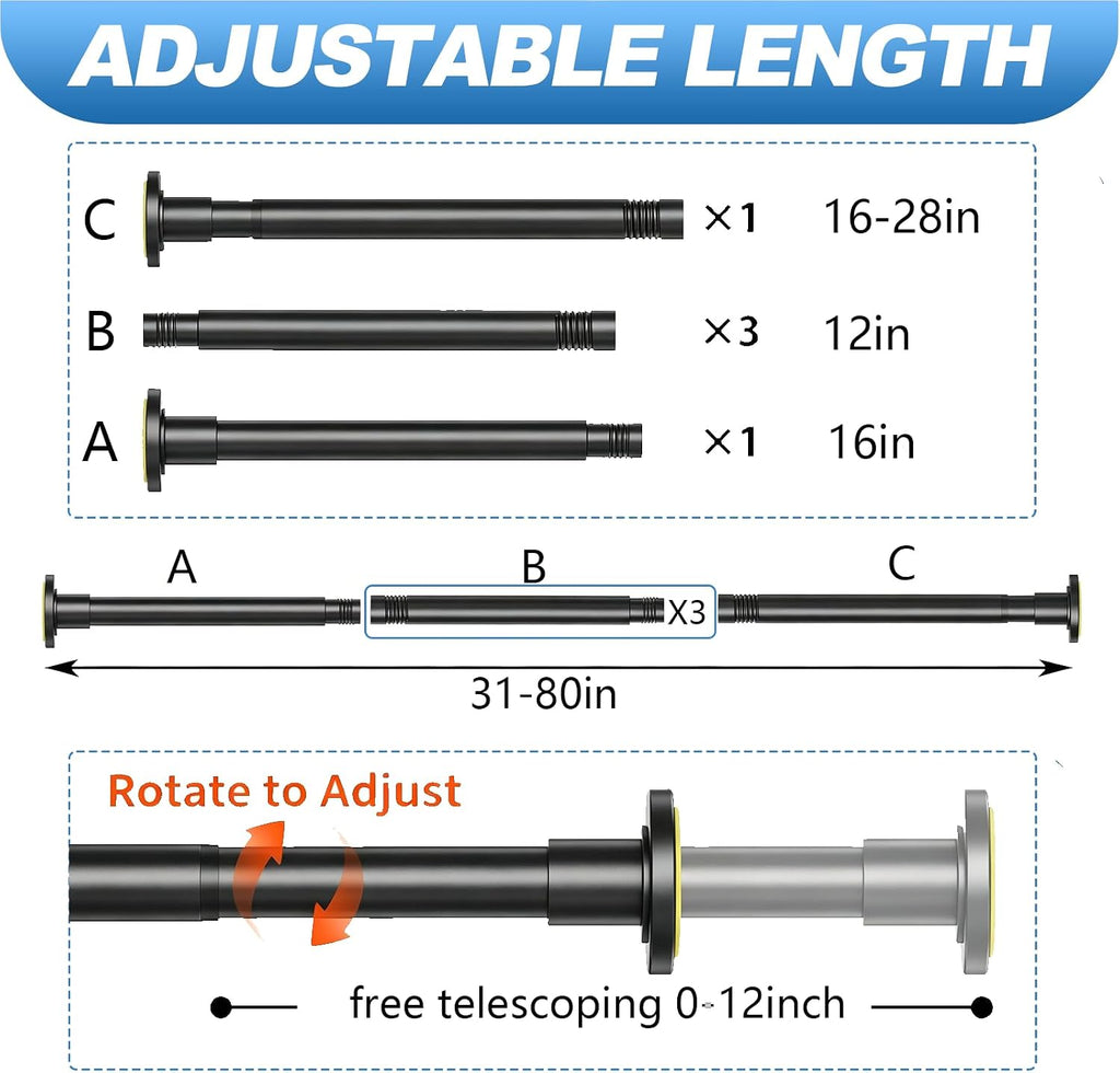 CorkLatta 1" Heavy Duty Black Shower Curtain Rod 31 to 80 Inch,Adjustable