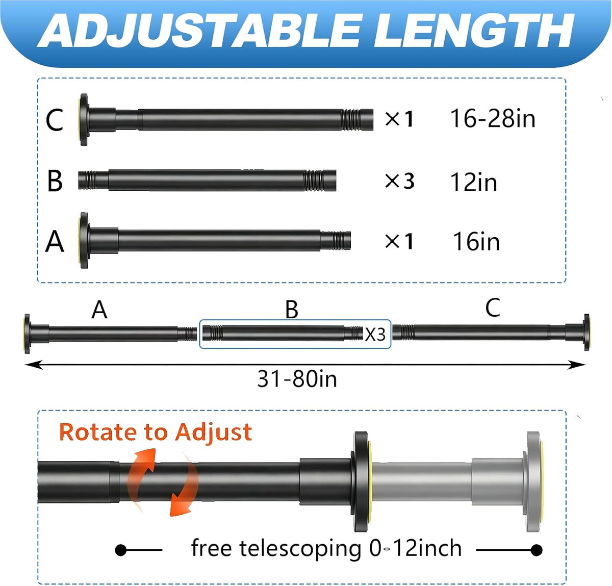 CorkLatta 1" Heavy Duty Black Shower Curtain Rod 31 to 80 Inch,Adjustable
