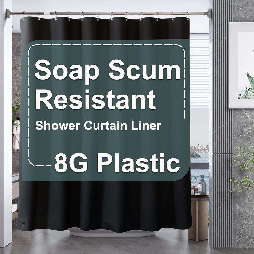 AmazerBath Black Shower Curtain Liner Plastic, Thick PEVA Shower Curtain Black, Dark Shower Liner Heavy Duty 8G, Black Bathroom Curtain Waterproof with 3 Weighted Stones and 12 Grommets, 72x72 Inches
