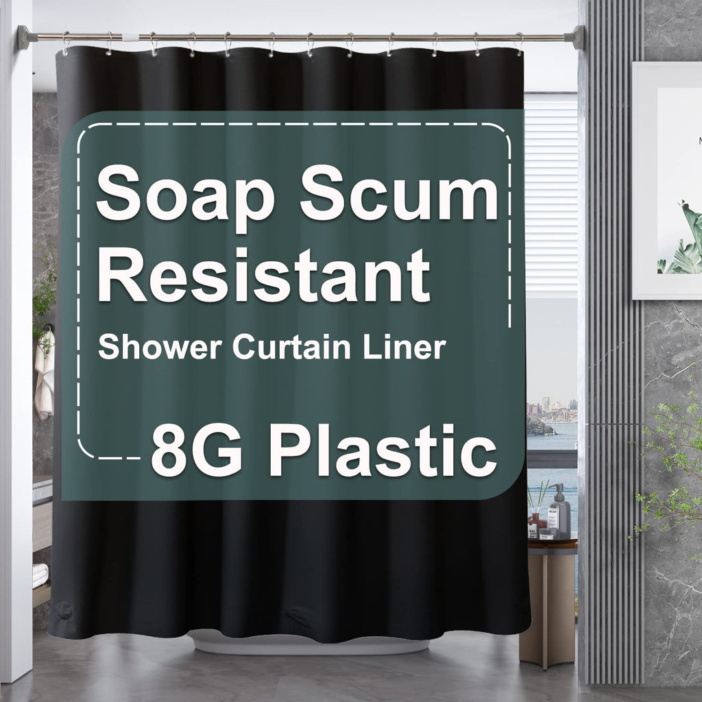 AmazerBath Black Shower Curtain Liner Plastic, Thick PEVA Shower Curtain Black, Dark Shower Liner Heavy Duty 8G, Black Bathroom Curtain Waterproof with 3 Weighted Stones and 12 Grommets, 72x72 Inches