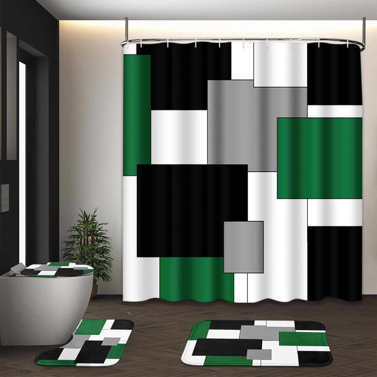 Bathroom Sets with Shower Curtain and Rugs, Set of 4, Checkered