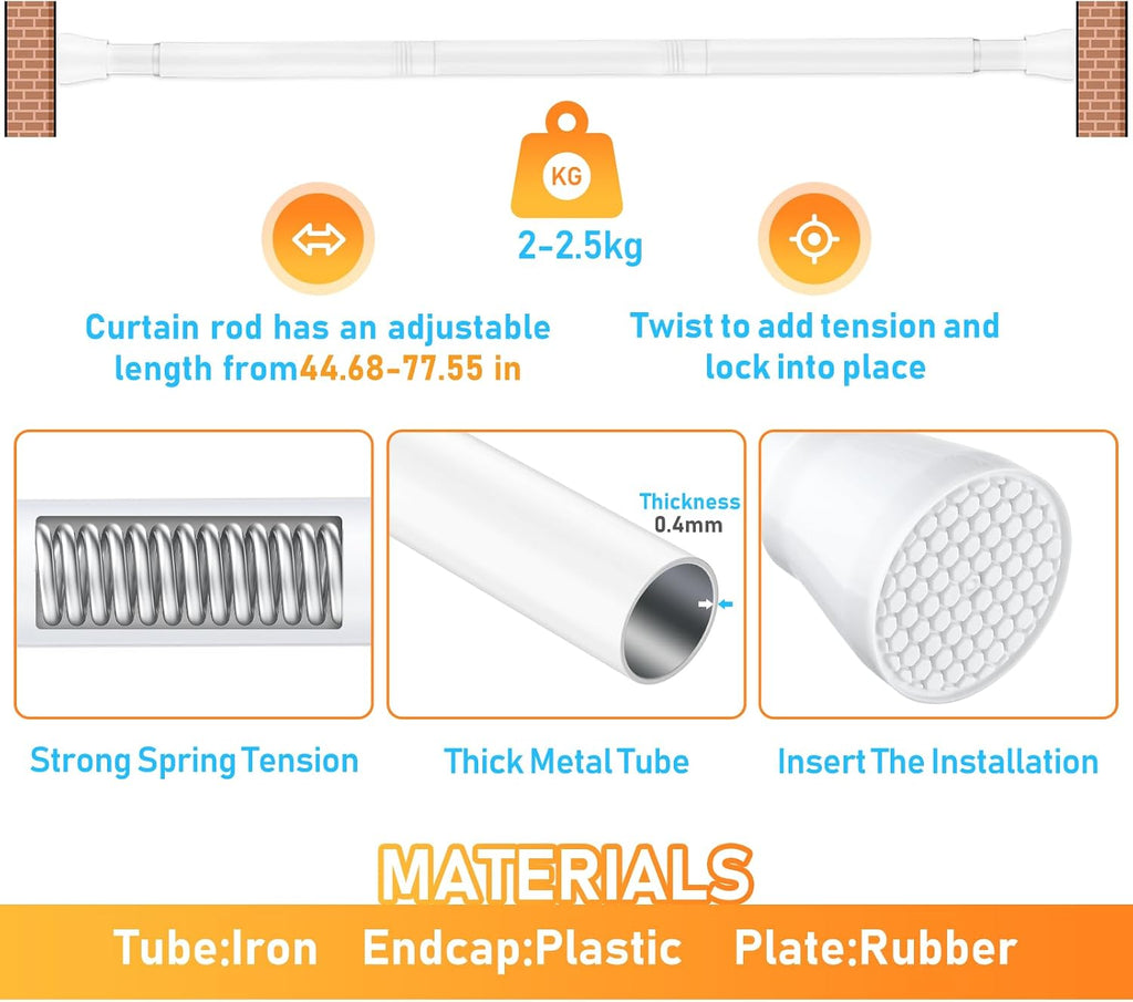 MEXAU Tension Curtain Rod for Windows 45 to 77 Inch, White