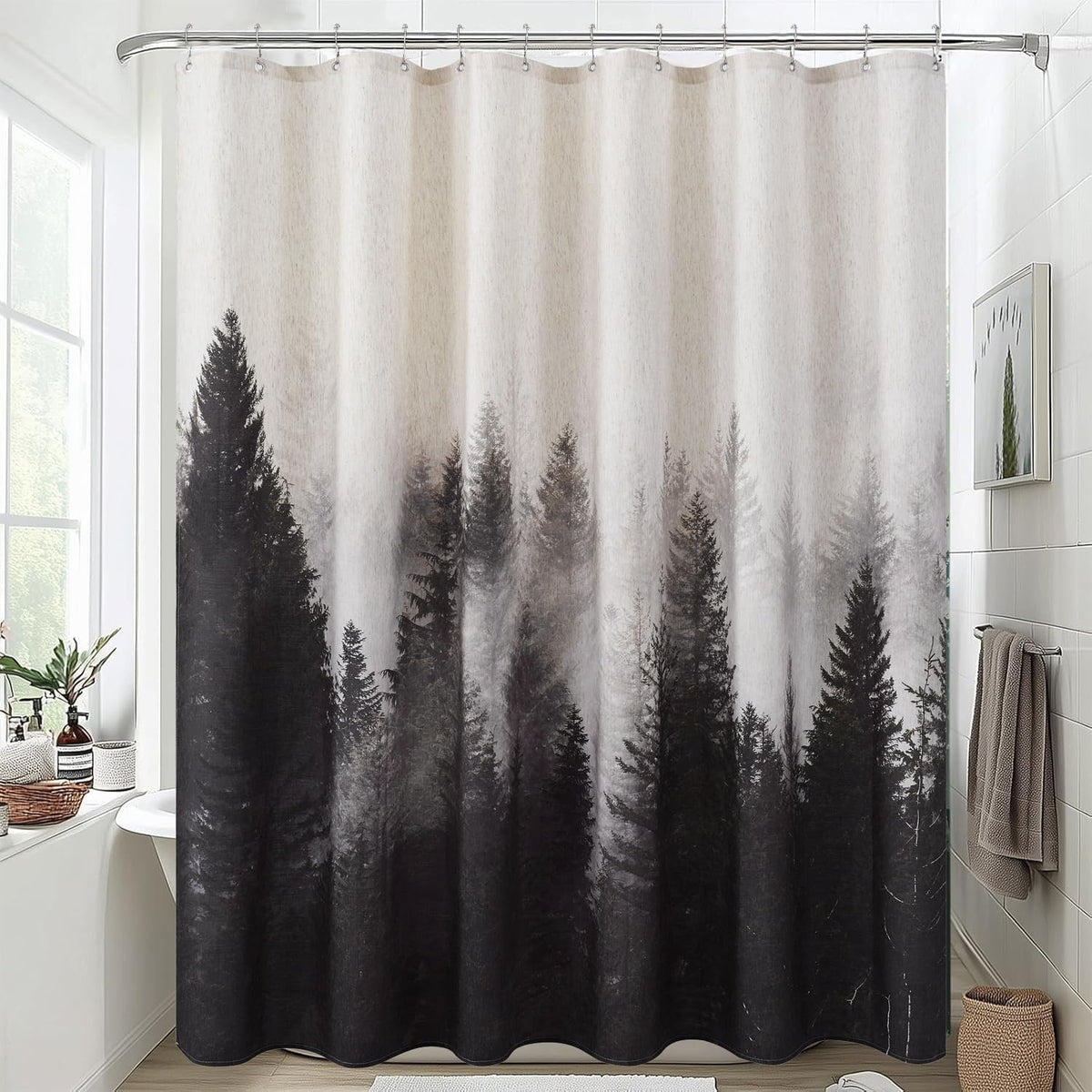 ORTIGIA Dark Green Misty Forest Shower Curtain for Bathroom, Nature Woodland Shower Curtain Set with Hooks, Decorative Pine Tree Fog Magic Bath Curtain for Home, Waterproof Fabric, Weighted, 72x72