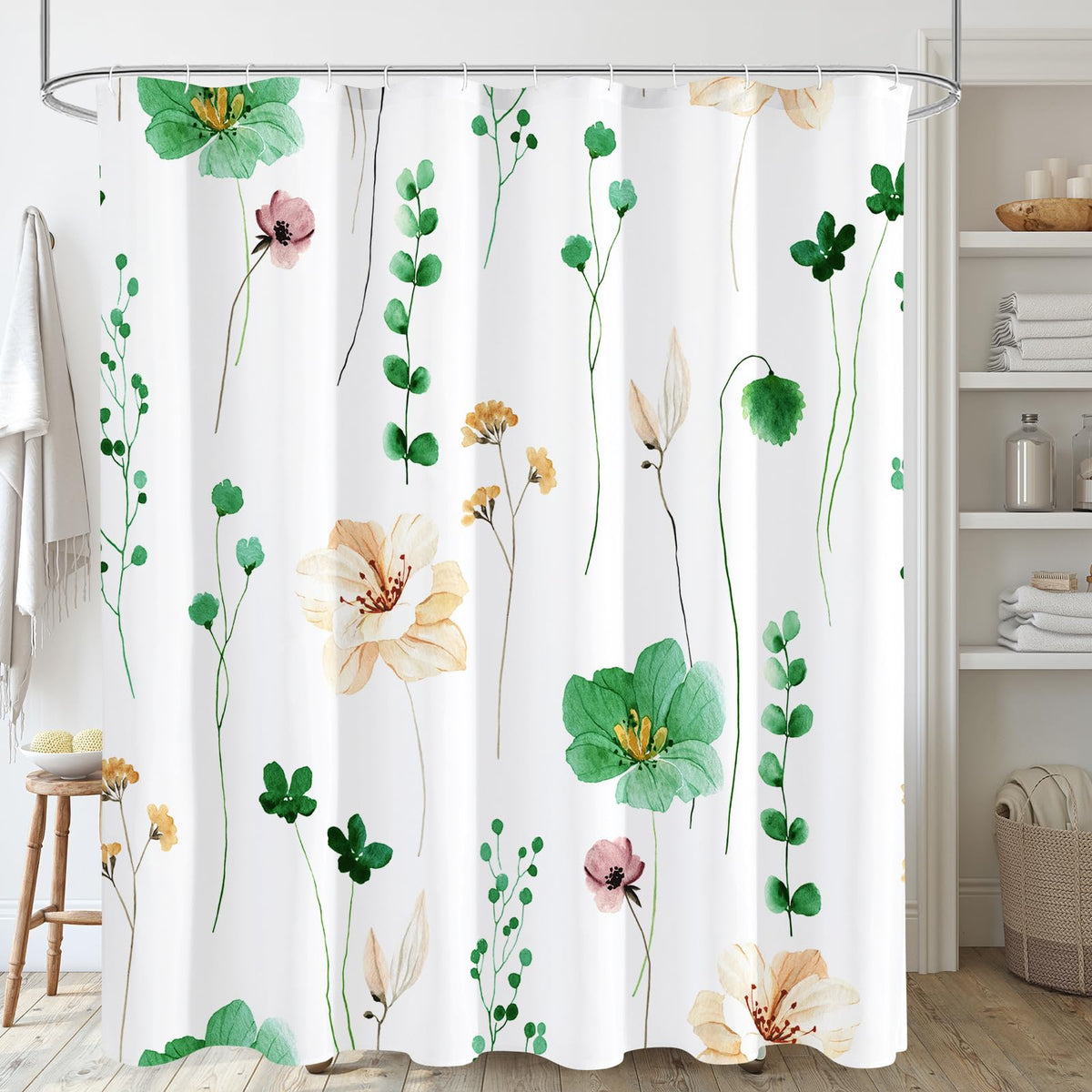 Gibelle Blue Yellow Watercolor Floral Fabric Shower Curtain, 72x72