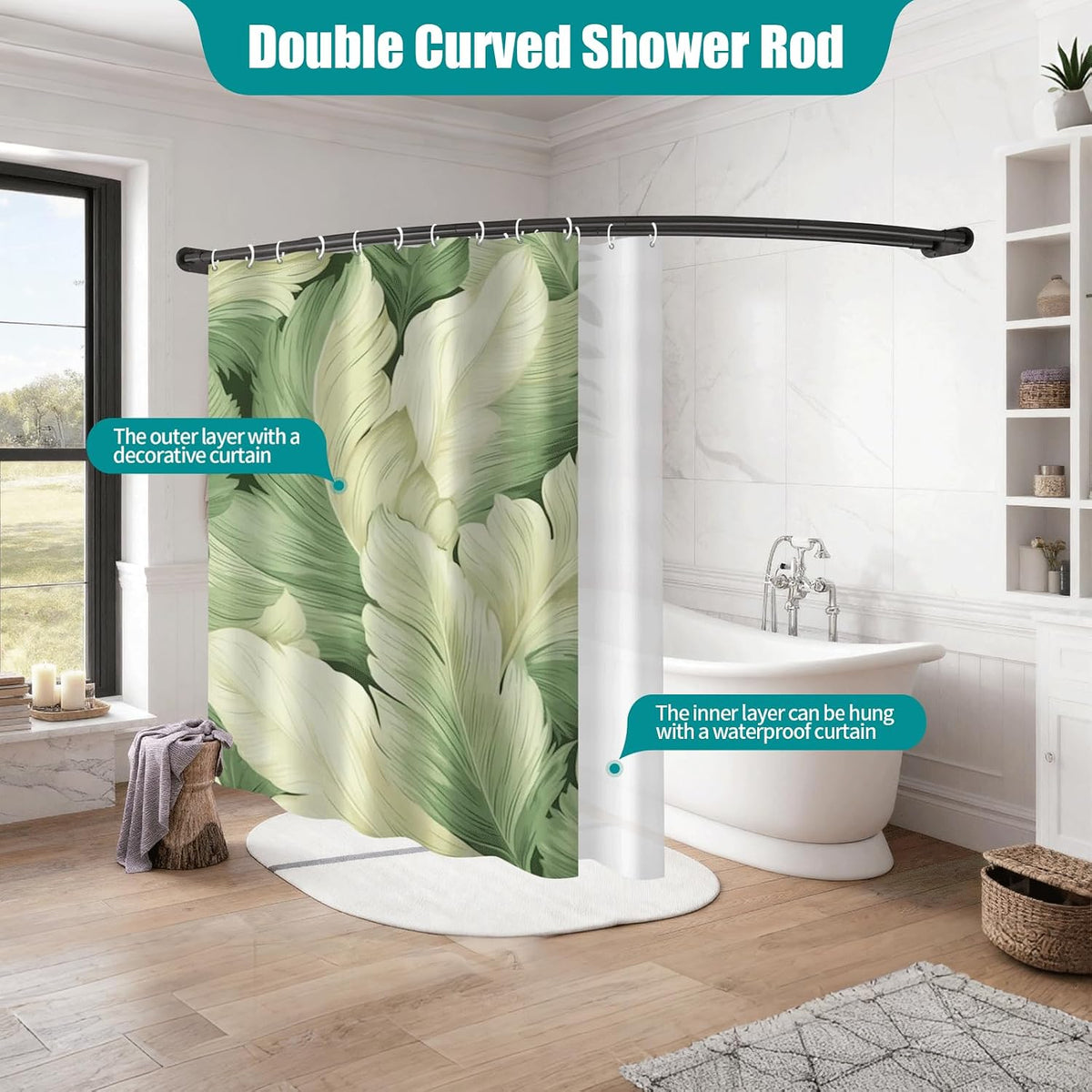 Double Curved Shower Curtain Rod 42 to 72 Inches Elegant Double Shower Curtain Rod Adjustable Wall Mounted Double Shower Curtain Pole for Bathroom (Black, 42 to 72")