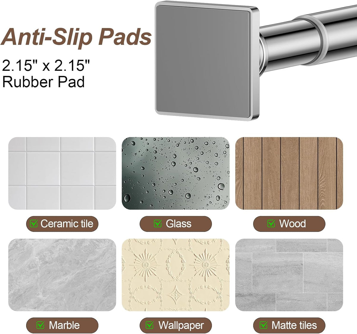 Shower Curtain Rod Square End Shower Rods for Bathroom 32"-92" Stainless Steel No Drilling for Shower Stall Living Room