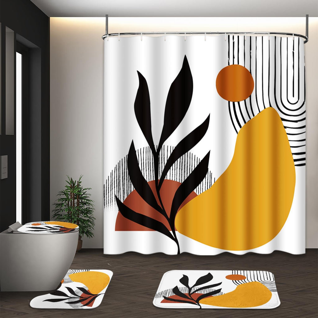 Bathroom Sets with Shower Curtain and Rugs, Set of 4 Geometric Boho