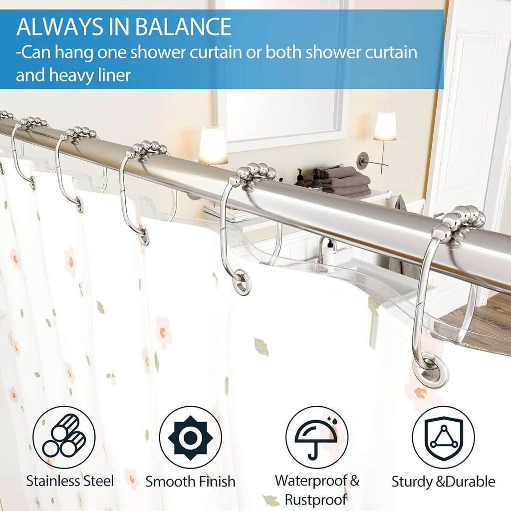 MENGJINGO 12PCS Wide Shower Curtain Hooks Rings, Rust Proof Stainless Steel, Heavy Duty Shower Hooks Rings for Bathroom Shower Rods Curtains Liners, Easy Glide Rollers, Set of 12, Chrome