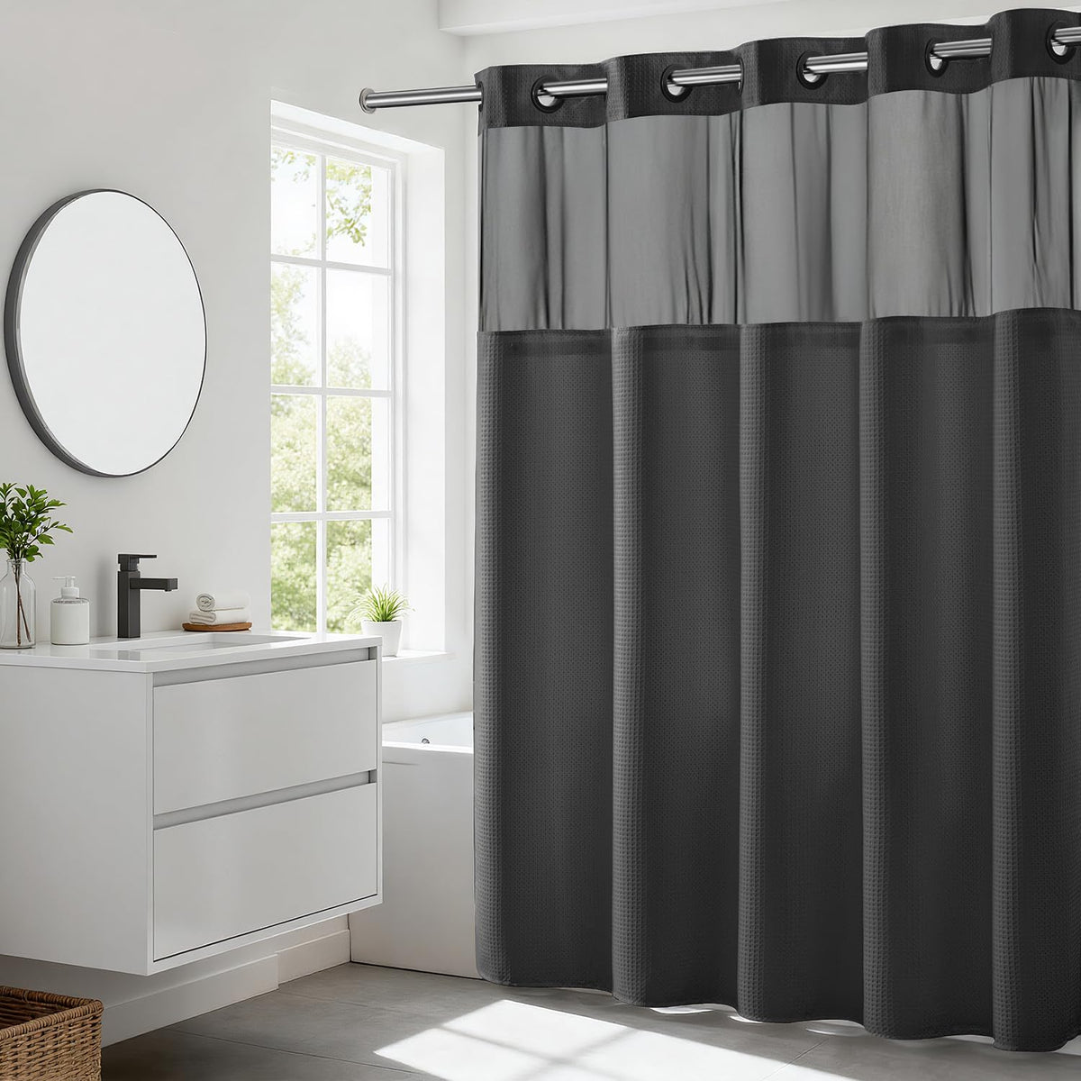 River Dream Heavyweight Waffle No Hook Shower Curtain with Liner,Gray,71x74