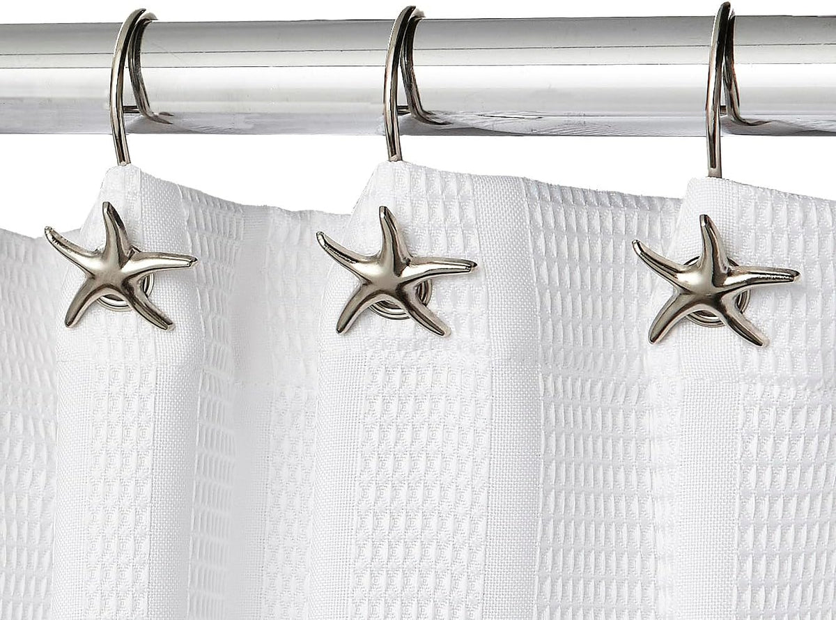 Starfish Shower Curtain Hooks – 12-Pack Decorative Chrome Bathroom Hooks for Bathroom Shower Curtains, Premium Chrome Craftsmanship, Easy Install, Coastal Beach Nautical Decor
