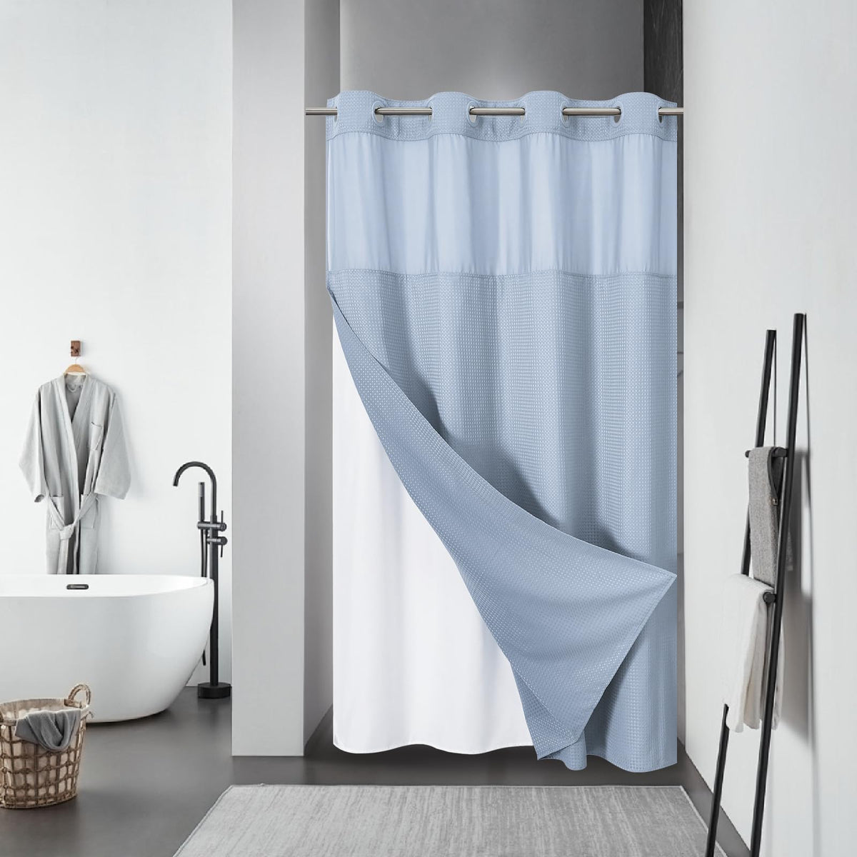eachope No Hook Waffle Shower Curtain with Snap-in Liner, 71x74 Inch, White