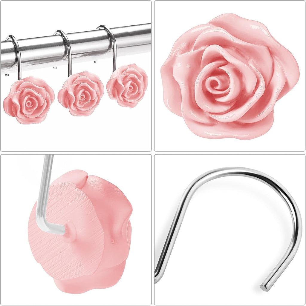 Cute Rose Floral Shower Curtain Hooks Rings for Bathroom,Pink 12PCS