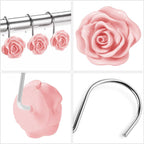 Cute Rose Floral Shower Curtain Hooks Rings for Bathroom,Pink 12PCS