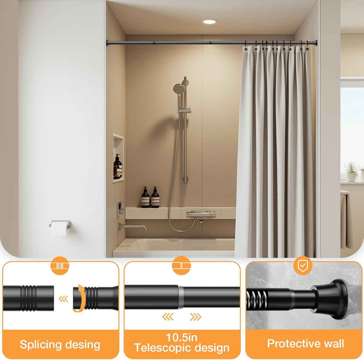 2Pack Tension Curtain Rod 30 to 62Inch, Black Spring Tension Rod Adjustable Shower Curtain Rods No Drilling Expandable Spring Curtain Rods for Windows,Doorway,Bathroom,Closet,7/8" Diameter