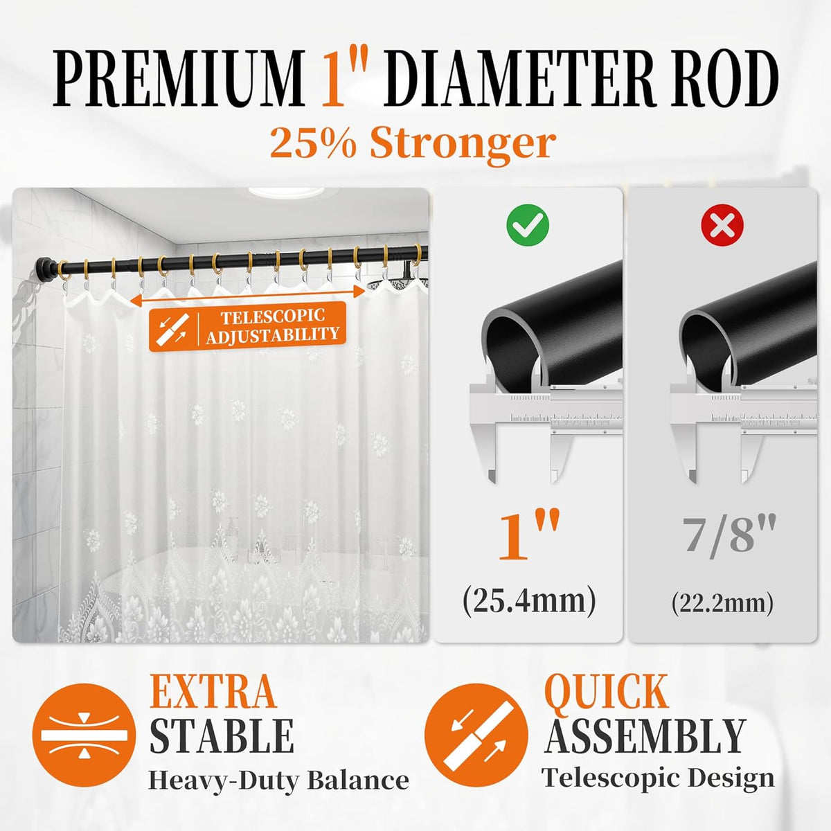 STARLATTA 2 Pack Black Tension Shower Curtain Rods for Bathroom, 43-80 Inch