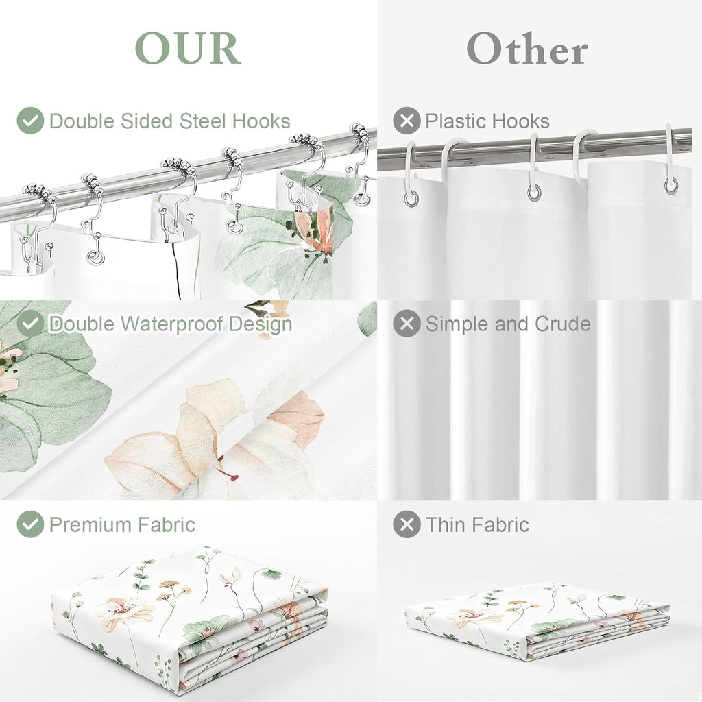 Gibelle 3 in 1 Sage Green Watercolor Floral Shower Curtain Liner Set, 72x72