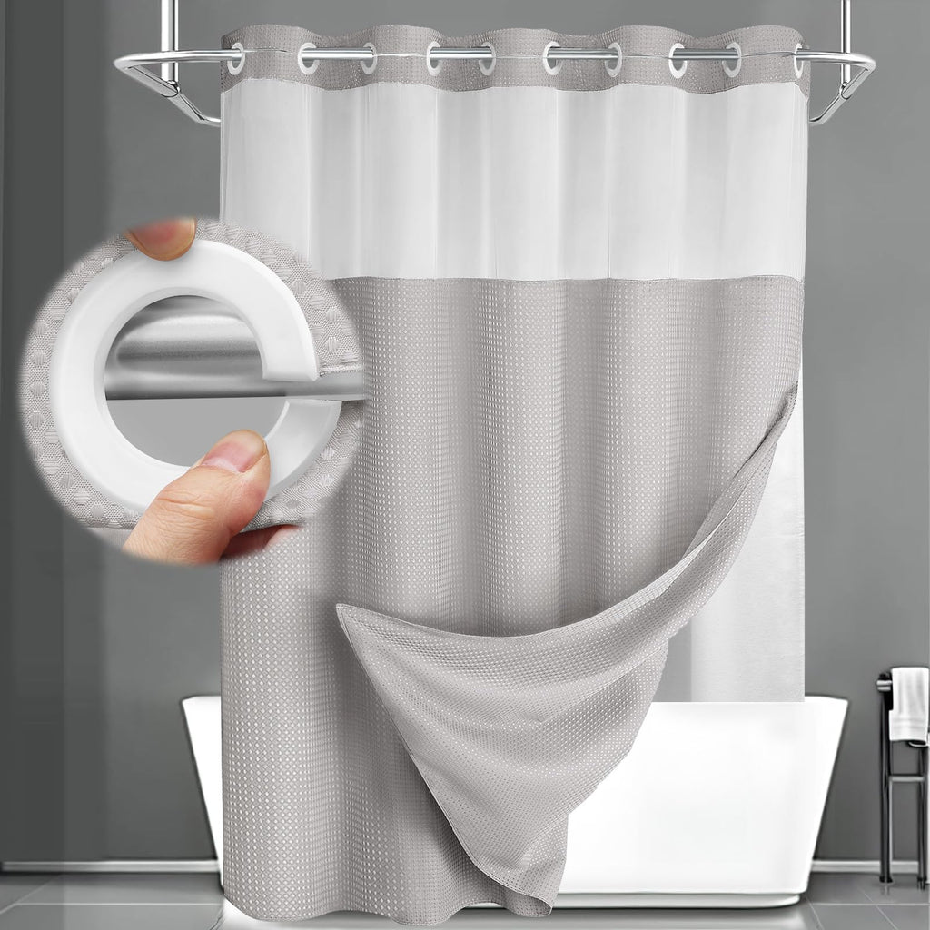 No Hook Shower Curtain with Liner Set Hotel Waffle Curtain White 72W X 75L