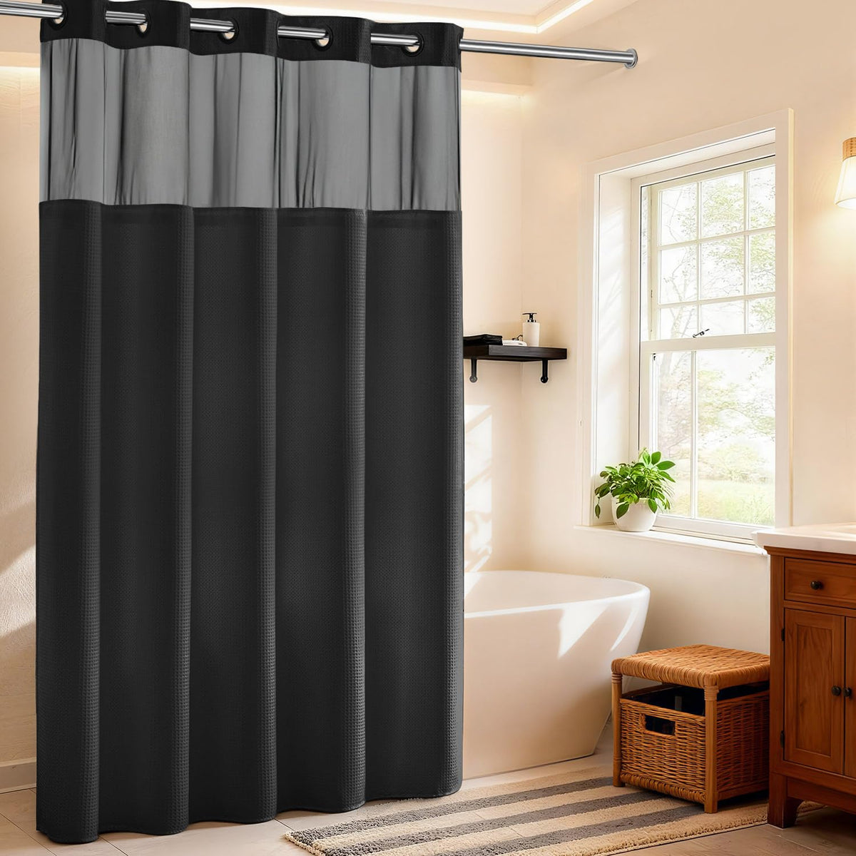 River Dream Waffle No Hook Shower Curtain with Liner,Navy Blue,71x74