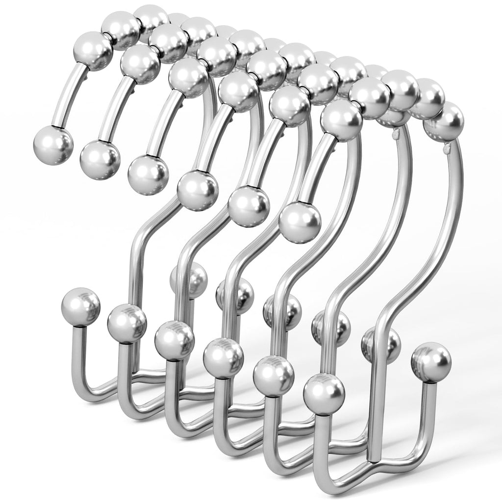 DAWNER Shower Curtain Hooks, Rust Proof Metal Easy Glide Double Rings, Stainless Steel Hangers for Bathroom Curtains, Set of 12, Brushed Nickel