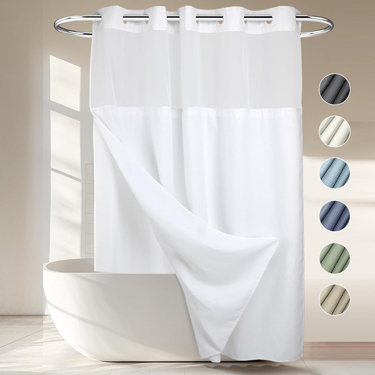 RiverDream Heavyweight Waffle No Hook Shower Curtain with Liner,White,71x74