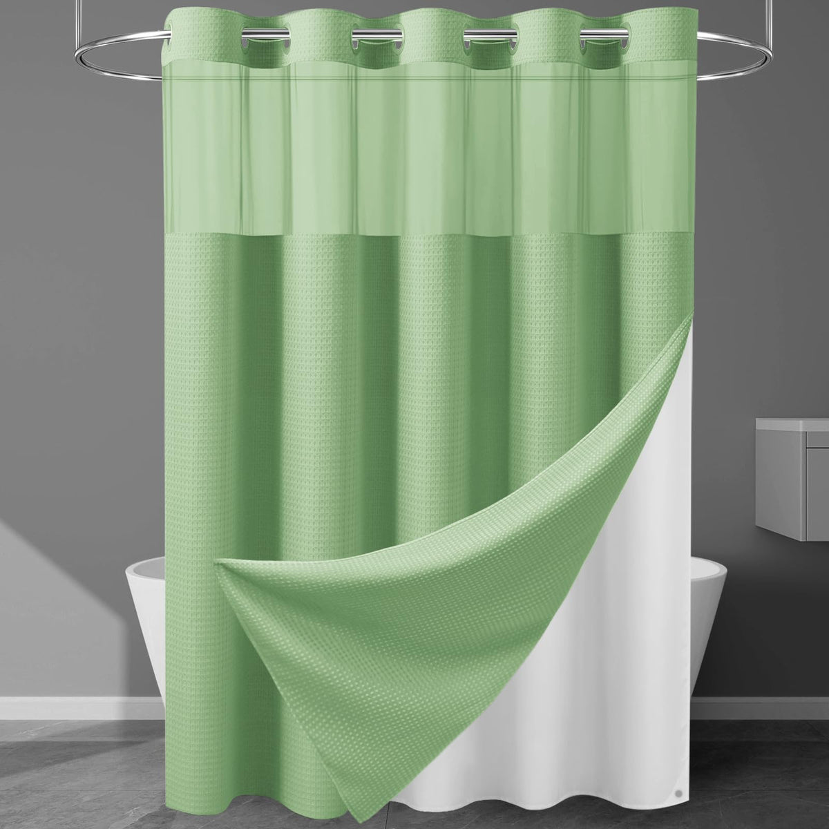 256GSM Heavyweight Ringless Waffle Shower Curtain with Liner, 71x74, White