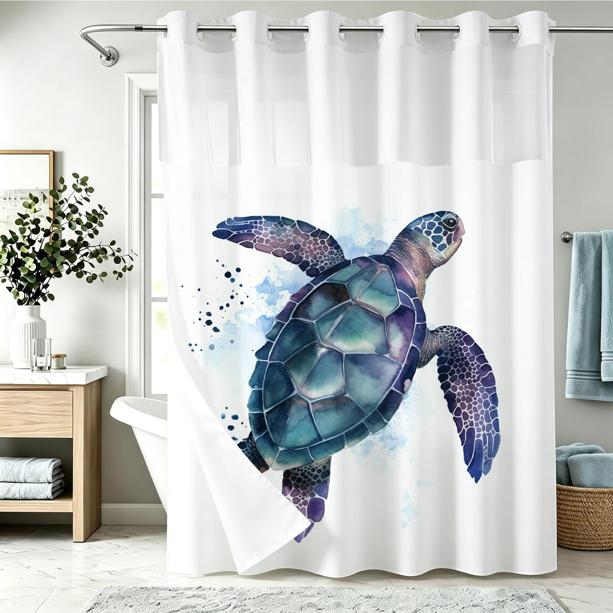 Nautical Green Sea Turtles Beach Theme Fabric Shower Curtain Sets Bathroom Blue Ocean Decor with Grommets and Hooks - 72 x 72 Inch Teal