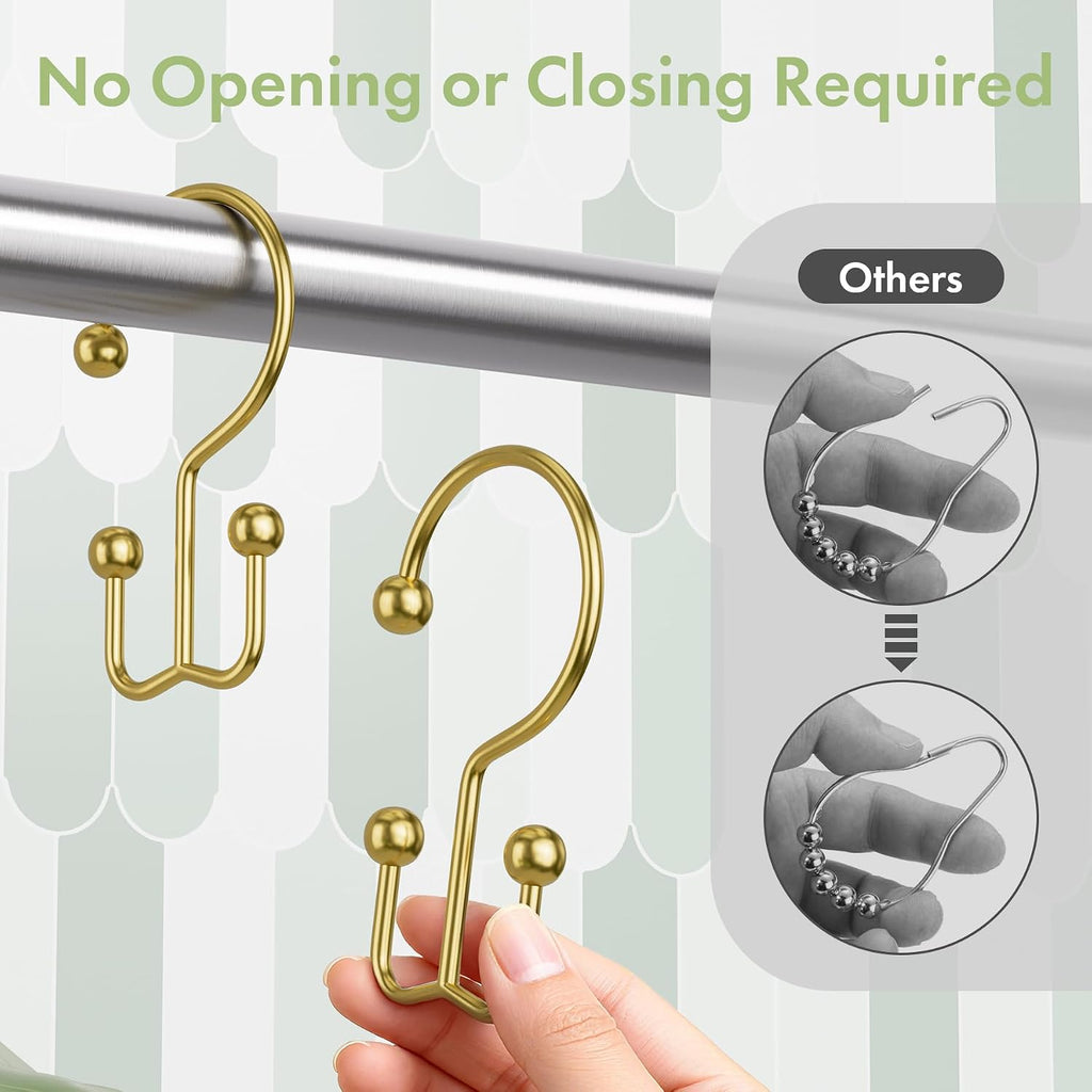 Amazer Gold Shower Curtain Hooks, 12PCS Minimalist Simple Double Shower Curtain Rings, Rust-Resistant Metal Shower Hooks Shower Curtain Hangers, Shower Rings for Bathroom Shower Rods Curtains
