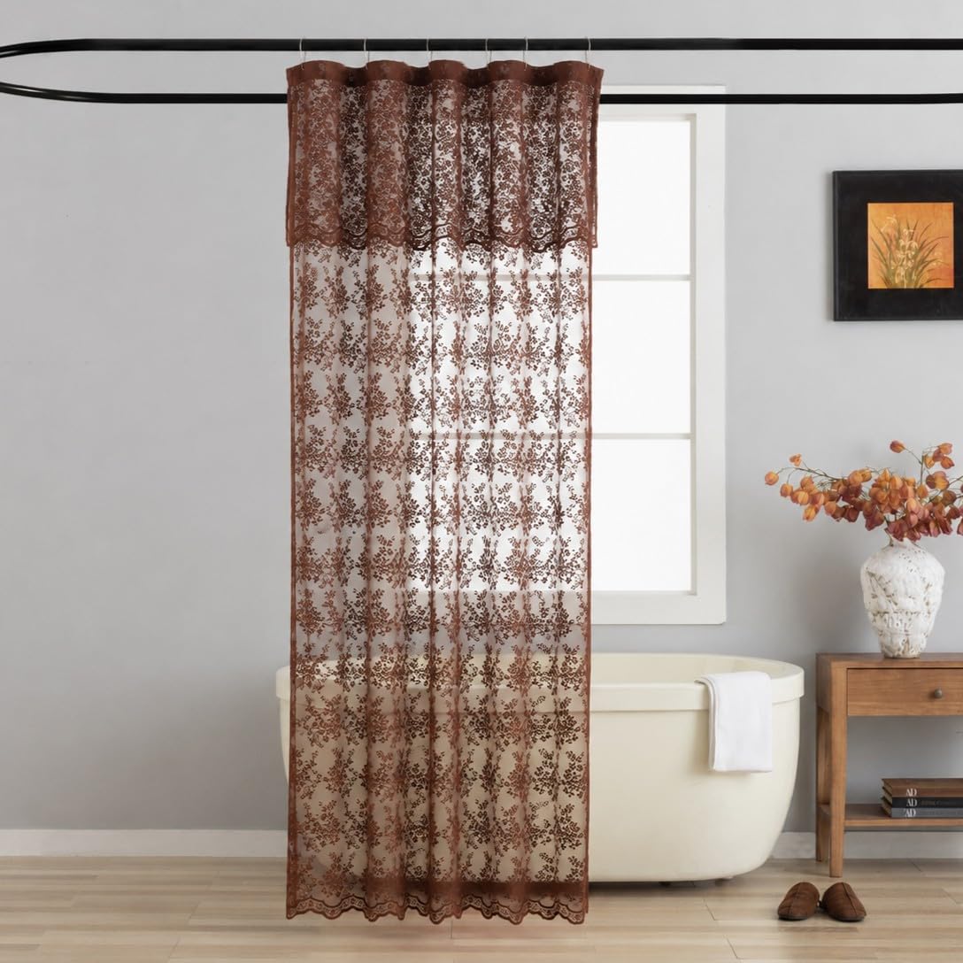 TUDECO Lace Brown Shower Curtain with Attached Valance, 72 x 72 Inch