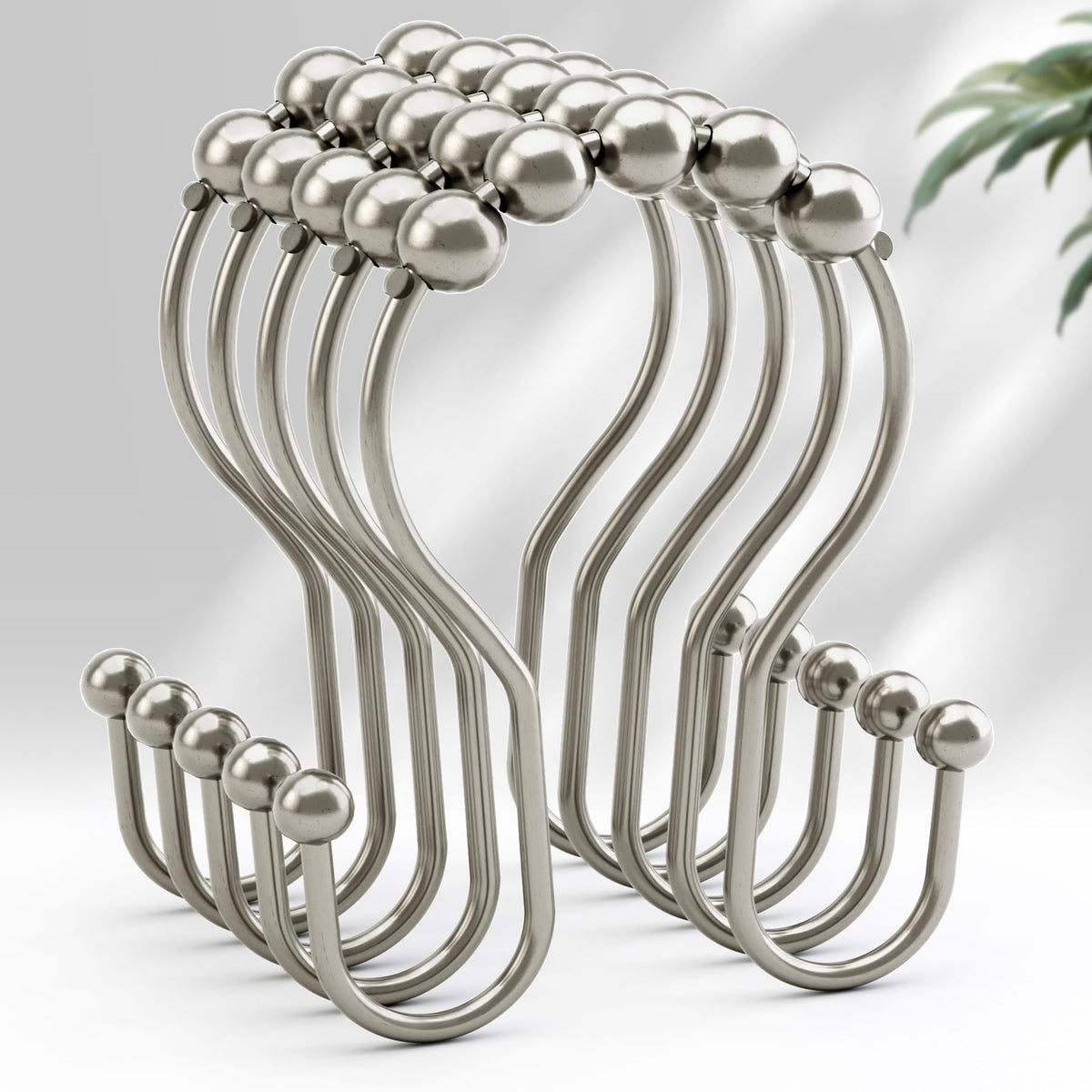 AmazerBath Shower Curtain Hooks Brushed Nickel Shower Curtain Rings, Simple Double Hook Shower Curtain Hooks Rust Proof, Smooth Glide Metal Shower Hooks for Shower Curtain, 12Pcs Shower Rod Hooks