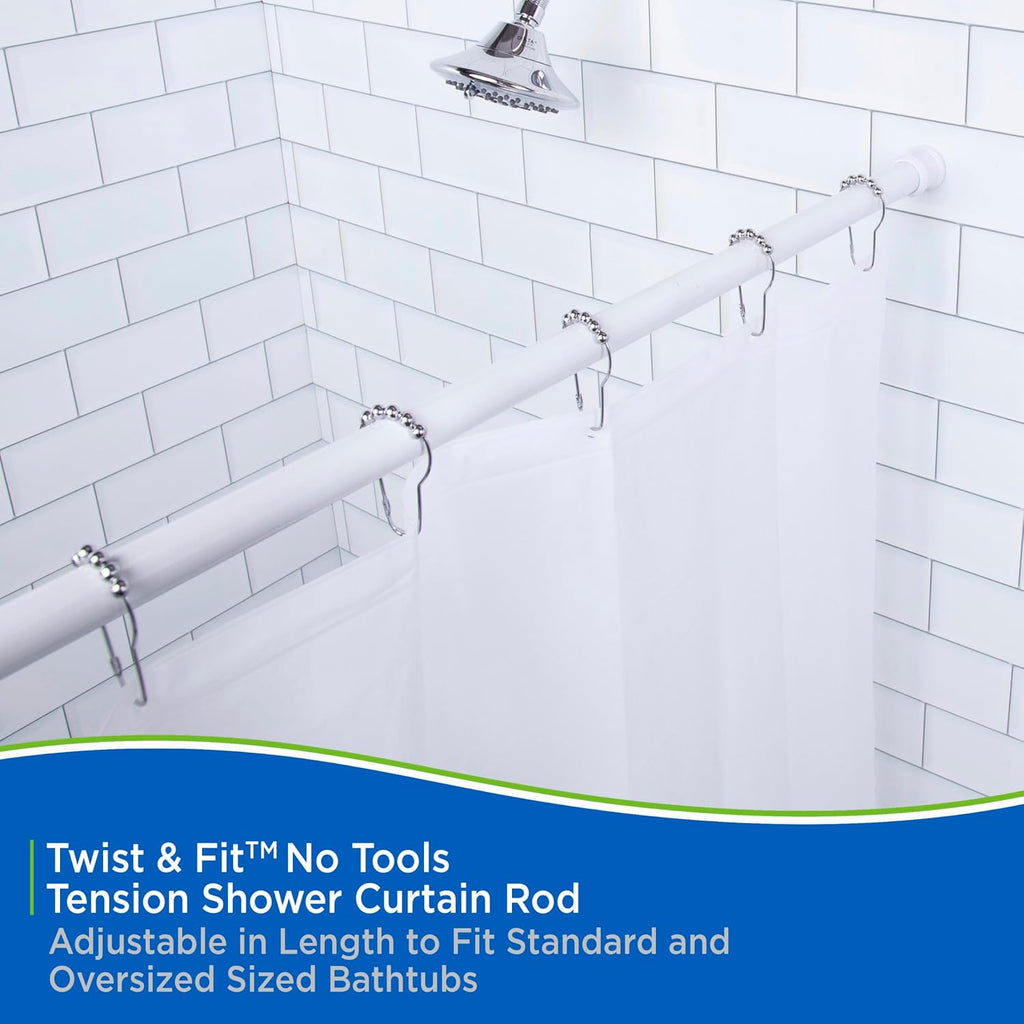 Kenney KN609C/10 Twist & Fit No Tools Camlock Tension Easy Install Shower Curtain Rod with Non-Slip, Non-Scratch Ends, 42-72" Adjustable Length, White, 1" Diameter Rust Resistant Steel Tube