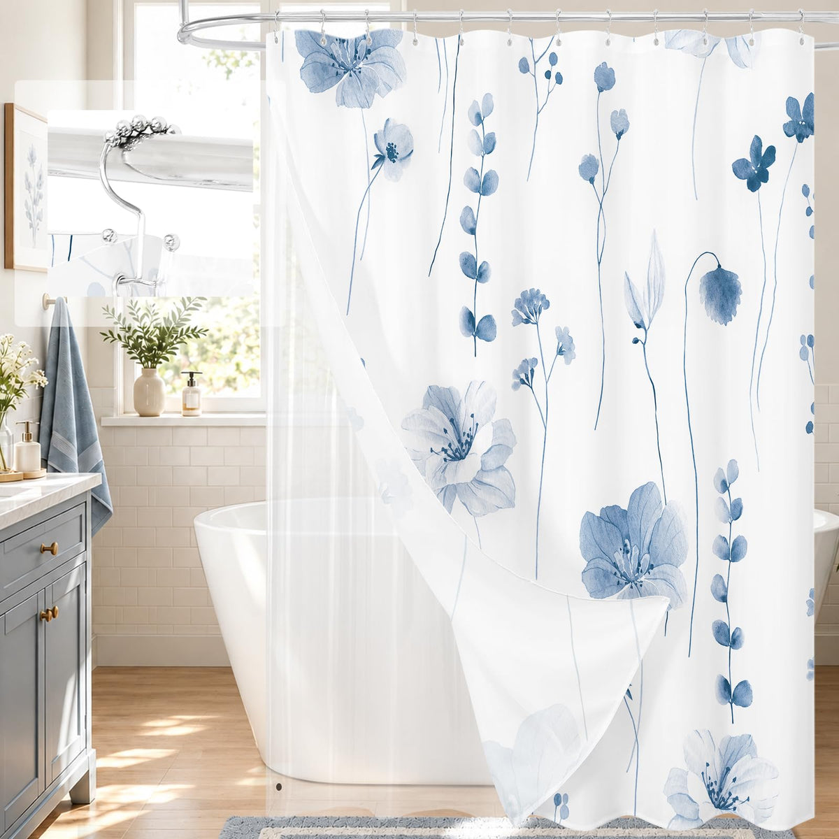 Gibelle 3 in 1 Sage Green Watercolor Floral Shower Curtain Liner Set, 72x72